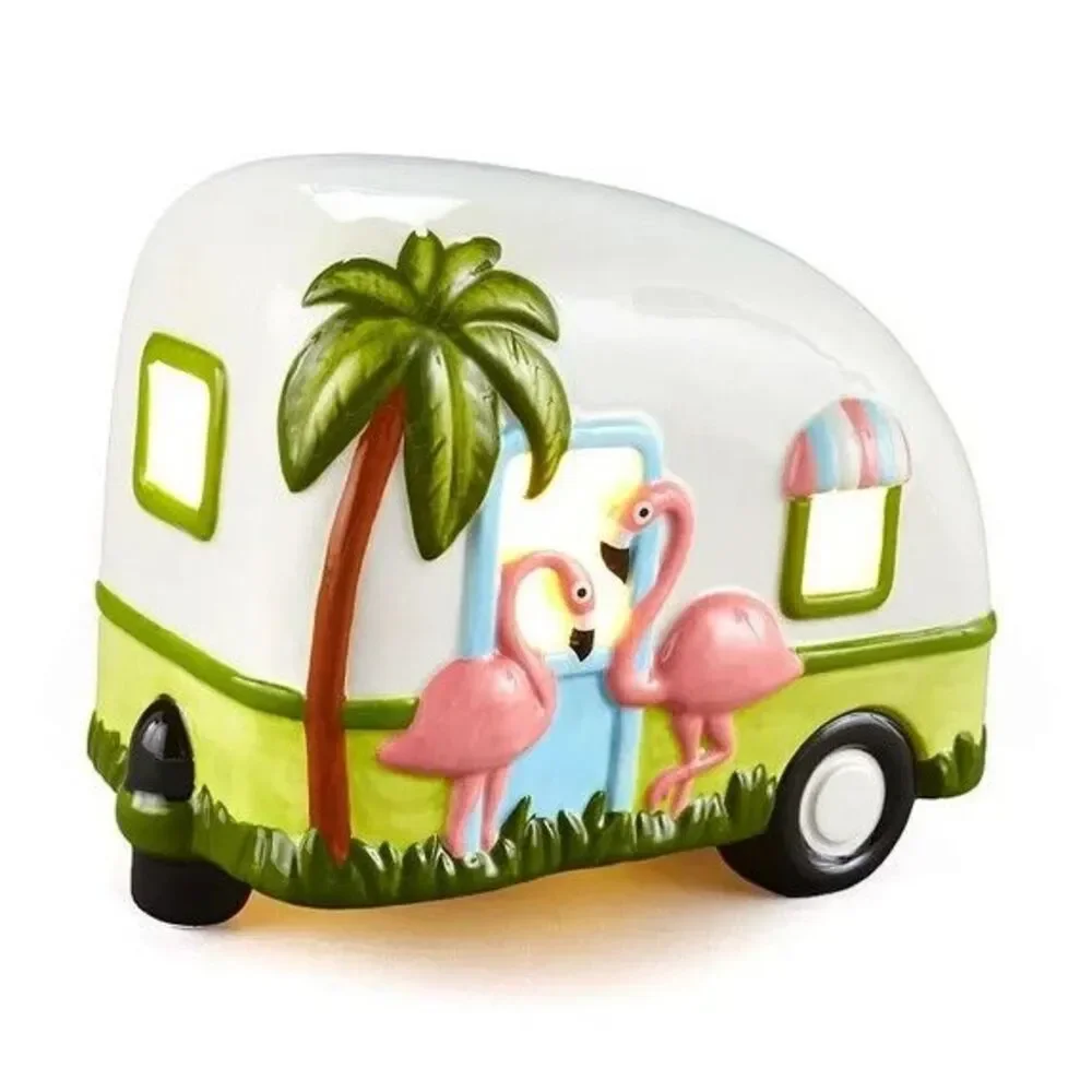 Lighted Camper Accent Lamp Retro Pink Flamingos Palm Tree Battery Operated NEW